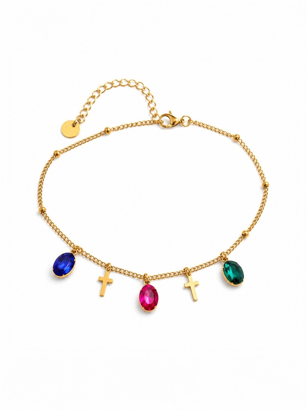 Gold Chain Anklet with Blue, Pink and Green Gem Charms